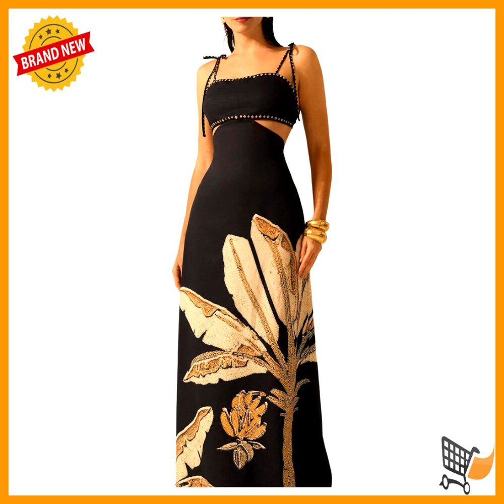 Summer Maxi Dress Boho Print Spaghetti Strap Cut Out Back Sundress